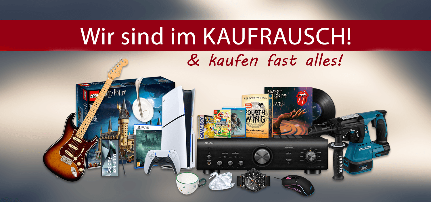 Werbebanner von Kauf Rasch mit verschiedenen Produkten: ein Handy, eine Spielkonsole, Musikinstrumente, Laptops, eine Uhr, Kopfhörer und Porzellanfiguren. Unter dem Bild steht der Text: 'Wir kaufen fast alles'.